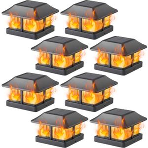 Dynaming Solar Flame Post Cap Lights Outdoor, Solar Powered Fence Post Light, Flickering Flame LED Lantern Lamps Waterproof for Garden Deck Patio, Fit 4x4 Wooden/Vinyl Posts, 8 Pack