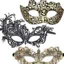 Couple Masquerade Lace Mask Set, Fit for Women and Men Venetian Halloween Masks, Specially for Costume, Mardi Gras (Gold Black-3set)