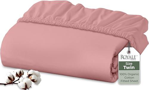 Royale Linens 100% Organic Cotton Fitted Sheet - Percale Weave - Super Soft Deep Pocket Bottom Sheets - Pink Elastic Sheet Twin Size - Twin Fitted Sheets Only - (39"x75"+15", Pink)
