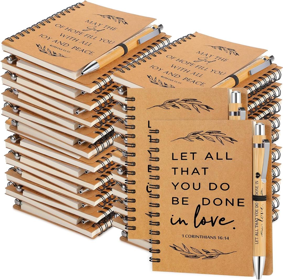 Kosiz 100 Pcs/ 50 Set Mother's Day Christian Gift Bulk Include Spiral Notebook and Bible Verse Ballpoint Pen Prayer Journal Religious Gift for Church Members & Study Groups Women Men Sunday School (Brown)