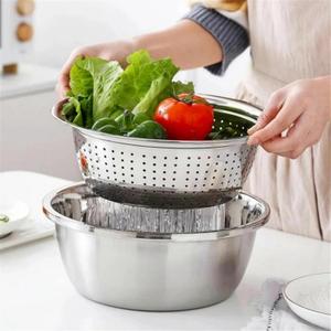 Germany Multifunctional Stainless Steel Basin, Heavy Duty Colander Strainer Set, 3 In 1 Graters Cheese Grater Salad Maker Bowl Drain Basin, Rice Rinser Food Graters w/Container for Kitchen (9.45in)