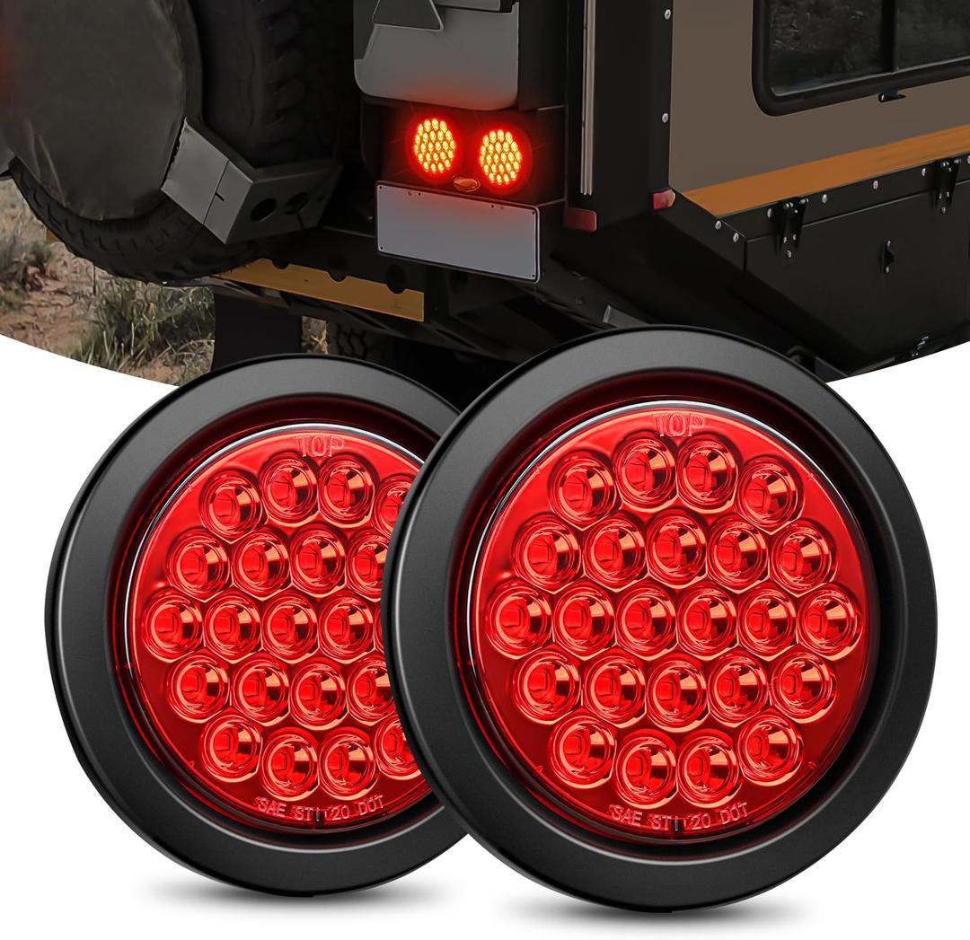 2 Inch Round Trailer Tail Light for 12V Truck Trailer Bus RV Camper ATV UTV 24LED Back Up Reverse Light Waterproof w/Flush Mount Grommets Plugs, 2 pack
