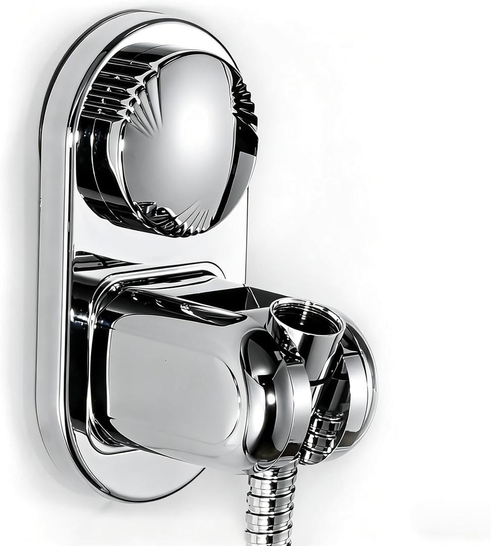 Suction Cup Handheld Shower Head Holder - 90 Degree 5 Angles Adjustable - Wide Input - Ideal for Large & Heavy Shower Heads - Bathroom Wall Mounted Shower Wand Holder (Polished Chrome)