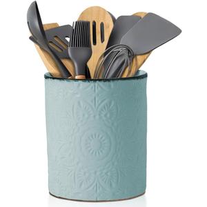 Comfify Large Ceramic Kitchen Utensil Holder with Old-Fashioned Floral Pattern  Elegant Turquoise Blue Decorative Crock for Countertop Organization  Organizer for Tools, Spatulas, Spoons & More