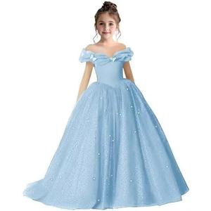 Flower Girl Dress Off Shoulder Pageant Dresses Girls Sparkling Formal Dress Birthday Party Ball Gowns (6, Light Blue)