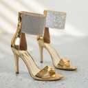 Women's High Heel Sandals Open Toe Ankle Tie Dressy Heeled Sandals for Prom, Party, Evening Events, 3.93 Inch Comfortable Thin Block Heels (Gold, L)