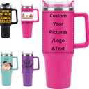 Personalized 40oz Tumbler with Handle and Straw - Custom Your Picture Name Logo Text on Insulated Stainless Steel Travel Cup, Leak-Proof 2-in-1 Lid, Gifts for Mom Dad Friends, Magenta