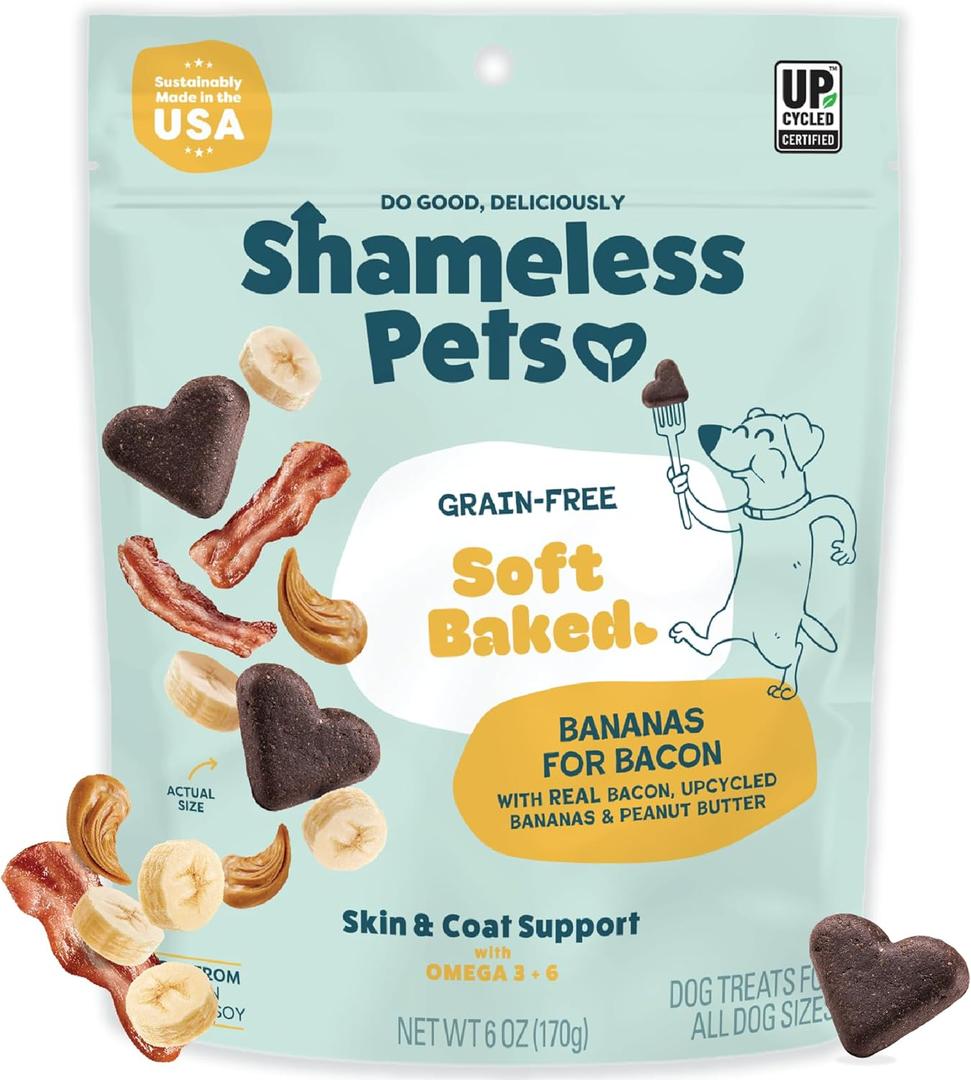 Shameless Pets Soft-Baked Dog Treats, Bananas for Bacon - Natural & Healthy Dog Chews for Skin & Coat Support with Omega 3 & 6 - Biscuits Baked & Made in USA, Free from Grain, Corn & Soy - 1-Pack (BBD 05/11/2026)