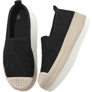 Shupua Womens Slip on Shoes Stylish Lace Casual Loafers Lightweight Platform Sneakers Comfortable Spring Flat Shoes for Office, Work (5, Black)