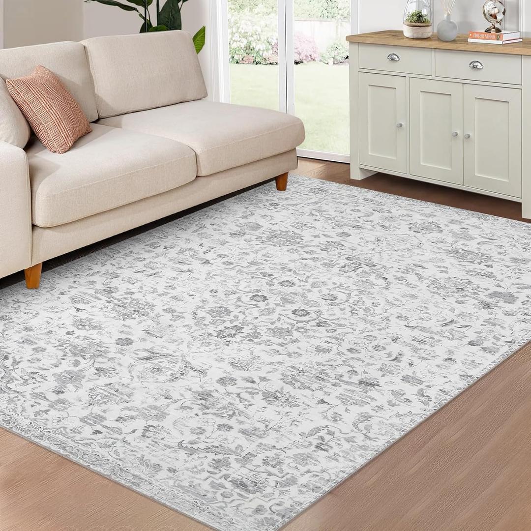 Machine Washable Area Rug 5x7 Vintage Distressed Area Rug for Living Room Bedroom Traditional Medallion Floral Non-Slip Stain Resistant Accent Rug Carpet for Home Floor Decoration, Grey
