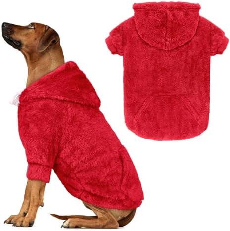 4XL Dog Sweaters for Large Dogs,Dog Hoodie,Warm Fuzzy Fleece Sweatshirt with Hood & Pocket,Leash Hole,Cozy Cold Weather Pet Clothes Sweater Hoodie for Large Dogs(Red,4XL)