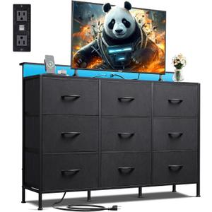 WLIVE Black Dresser TV Stand for 45, 50, 55 inch TV, Entertainment Center with LED Lights & Charging Station, Chest of drawers with 9 Fabric Drawers and Open Shelves for Living Room, Hallway, Wood Top