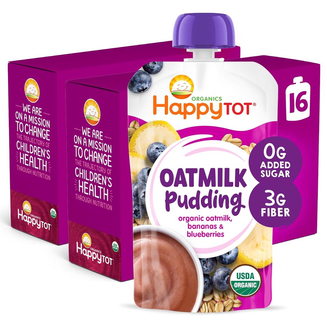 Happy Tot Organics Oatmilk Pudding, Dairy-Free, Stage 4 Toddler Snack, Oatmilk, Bananas & Blueberries, 4 Ounce Pouch, Pack of 16, BB Date Oct. 27, 2025