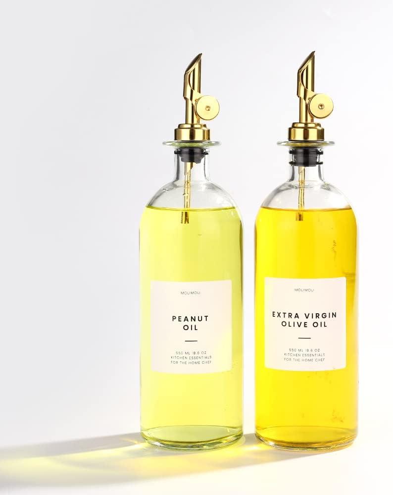 Molimoli Oil and Vinegar Dispenser with Metal Pour Spout, Weighted Pourer, Glass Bottle Dispenser for Kitchen, Olive Oil Cruet, Glass Olive Oil Bottle | 500ml, Set of 2 (Gold)