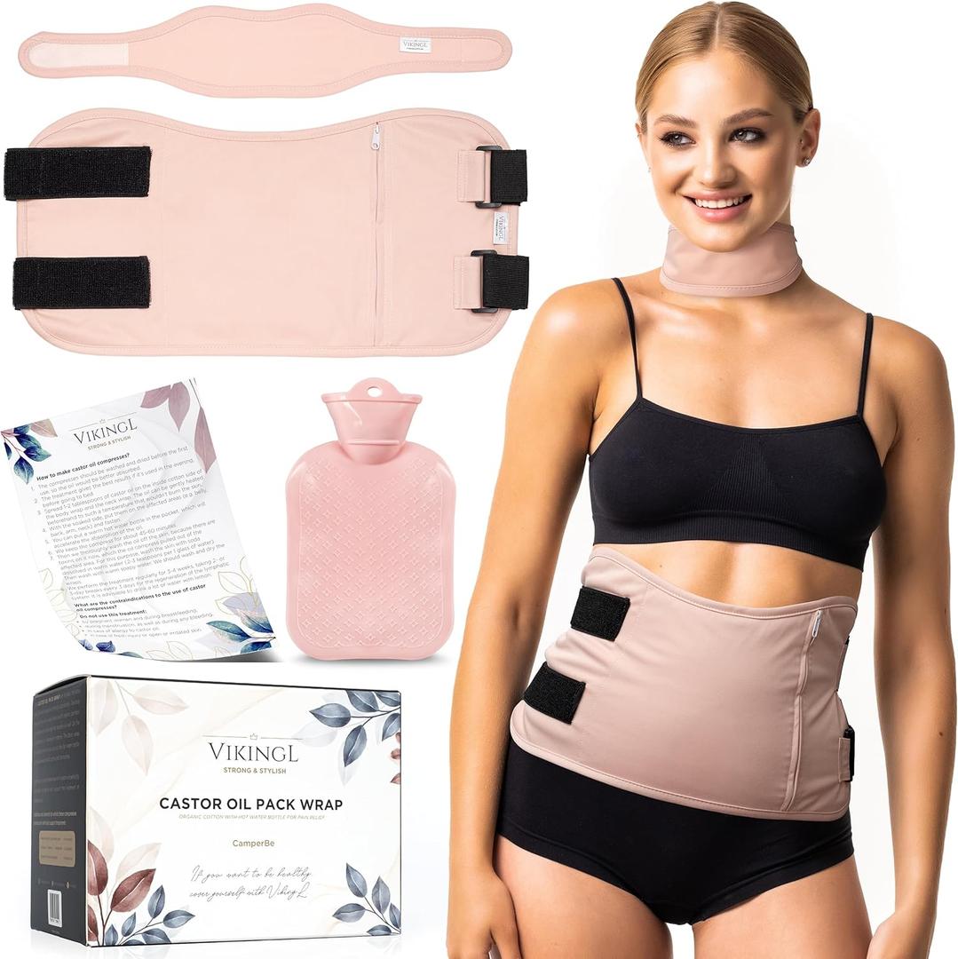 VikingL - Castor Oil Pack Wrap Organic Cotton with Hot Water Bottle for Body Pain Relief, Caster Oil Pack Wrap for Liver Detox Cleanse, Castor Oil Compress Kit on Stomach and Neck, Castor Oil Wrap
