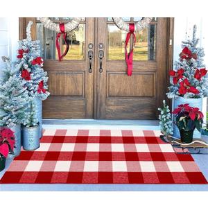 Christmas Outdoor Rugs 24 x 51''Red White Buffalo Plaid Front Porch Rug Hand-Woven Machine Washable Indoor/Outdoor Layered Door Mats for Entryway/Bedroom/Outdoor