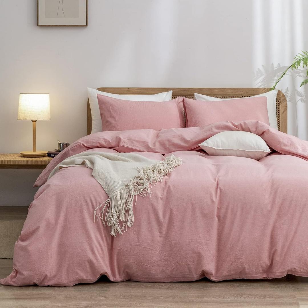 BESTOUCH Duvet Cover Set 100% Washed Cotton Linen Feel Super Soft Comfortable Chic Lightweight 3 PCs Home Bedding Set Solid Red Pink Queen (Queen (90" x 90"))