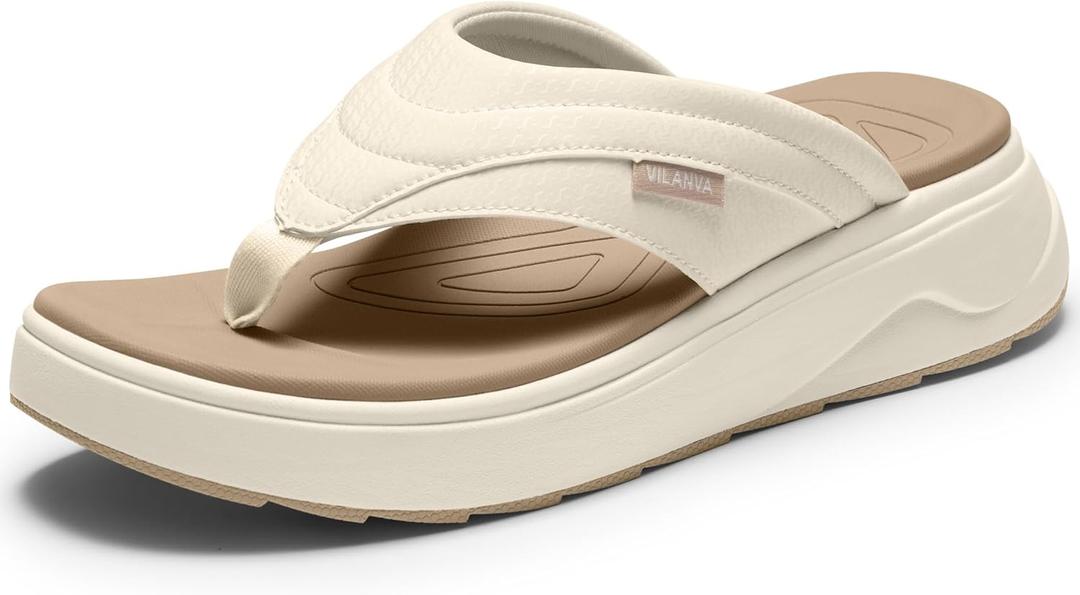 Vilanva Women's Platform Flip Flops Cushioned Walking Sandals with Arch Support for Plantar Fasciitis Relief Lightweight Non-Slip Shoes for 2026 Summer Outfits (9, Beige)