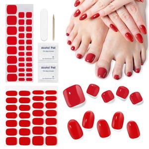 DUKASOU Semi Cured Gel Nail Strips & Toenail Stickers 2 Set (Hot Red), Gel Nail Stickers Wraps Art DIY, Long Lasting, Gifts for Women, Works with UV Lamp, Easy to Apply & Remove