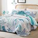 Djoymock Coastal Quilts Bedding Set Queen Size, Summer Green Fish Coral Nautical Bedding Quilt Set with Pillow Cases, Ocean Beach Reversible Bedspreads Coverlet Soft Microfiber Lightweight Comforter