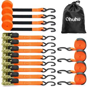 Ratchet Tie Down Strap 8-Pack 15 Ft - 500 lbs Load Cap with 1500 lbs Breaking Limit, Ohuhu Ratchet Tie Downs Logistic Cargo Straps for Moving Appliances, Motorcycle, Orange