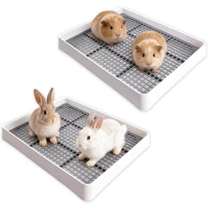 2 Pack Large Rabbit Litter Box - Shallow Bunny Restroom Litter Tray with Grate, Small Animals Litter Pan Toilet Potty Trainer for Hamster, Ferret, Rats, Guinea Pigs, Hedgehog, Chinchillas