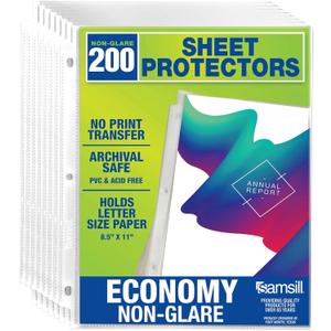 Samsill 200 Pack Sheet Protectors, 8.5x11 Inch Page Protectors for 3 Ring Binder, Standard Weight, Non-Glare Protector, Letter Size, Top Loading, Acid Free