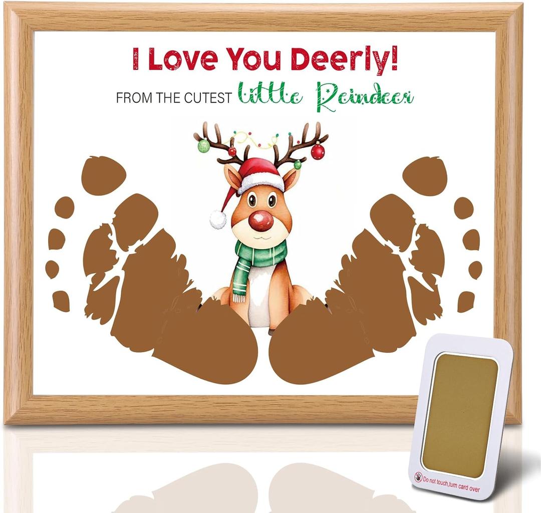 Baby's First Christmas Footprint Craft Newborn Footprint Art Craft DIY Frame Christmas Ornament Kit Wooden Picture Frame Holiday Xmas Gifts 2025, Tabletop Display Memory Keepsake(Reindeer,Gold)
