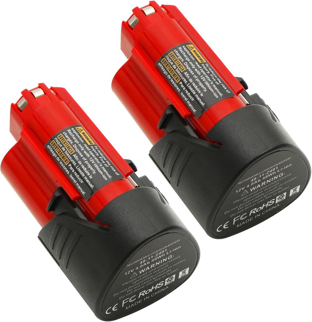 2-Pack 4.0Ah Replacement Battery Compatible with Milwaukee 12V Lithium Ion Battery 48-11-2420 48-11-2440 48-11-2402 48-11-2411 48-11-2412 Cordless Power Tools (Non-OEM)