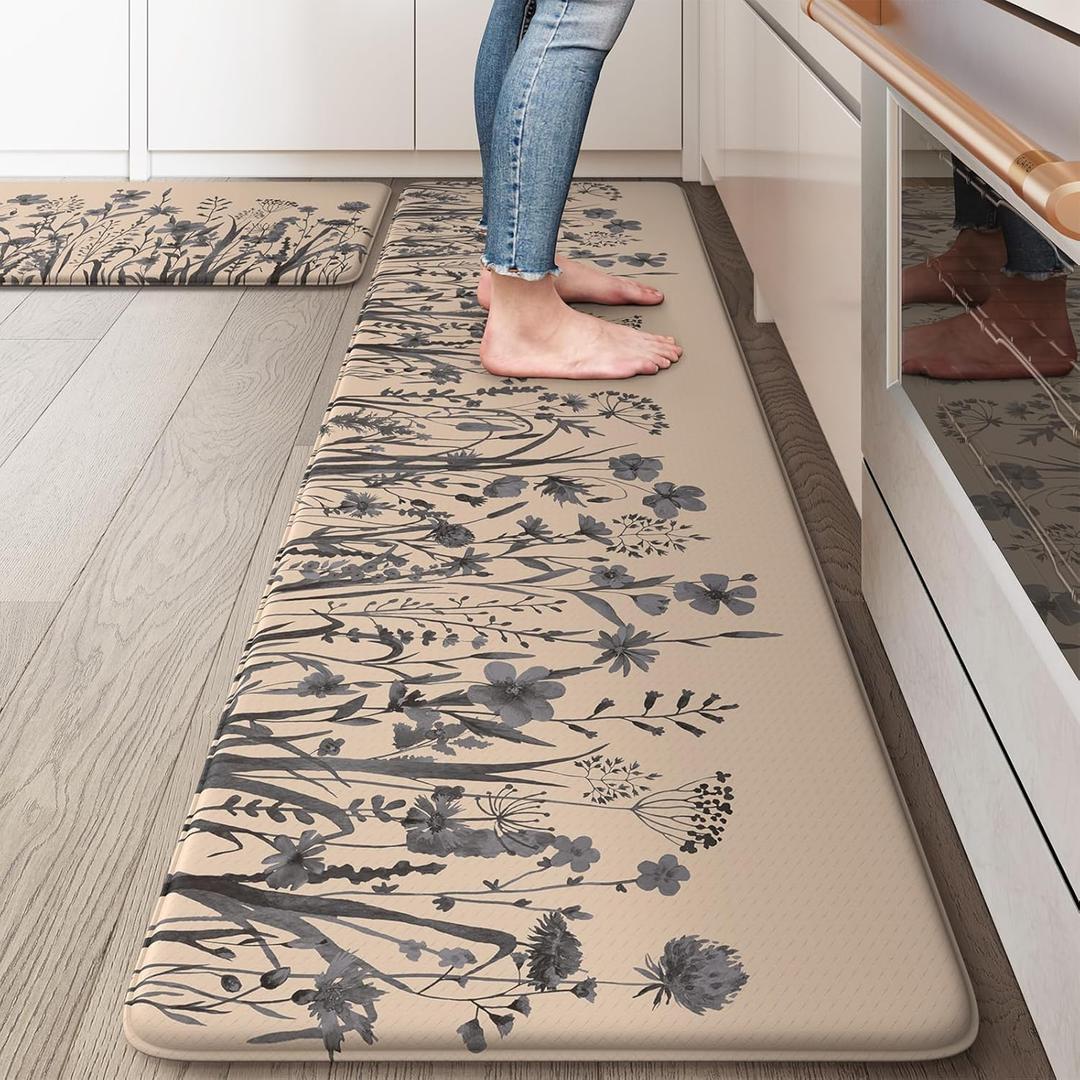 KIMODE Kitchen Anti Fatigue Mats, Farmhouse Kitchen Rugs Sets of 2, Memory Foam Kitchen Mats for Floor, Waterproof Standing Mat for Sink, Laundry, Office, Desk Brown/Gray 17"x59"+17"x29"