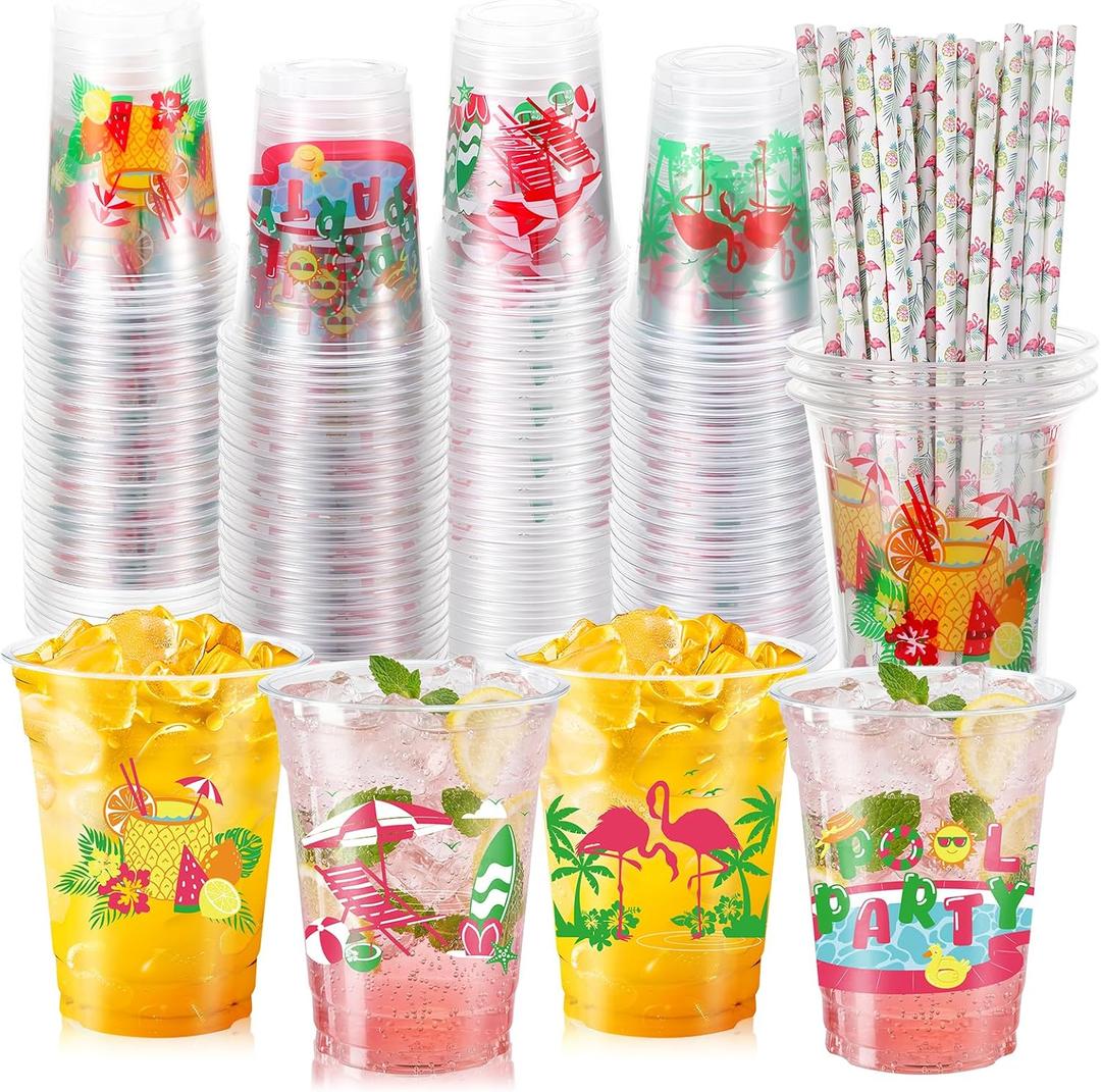 100 Pcs Beach Pool Party Plastic Cups with Straws 12 oz Summer Swimming Disposable Drinking Cups for Beach Pool Luau Holiday Party Favors