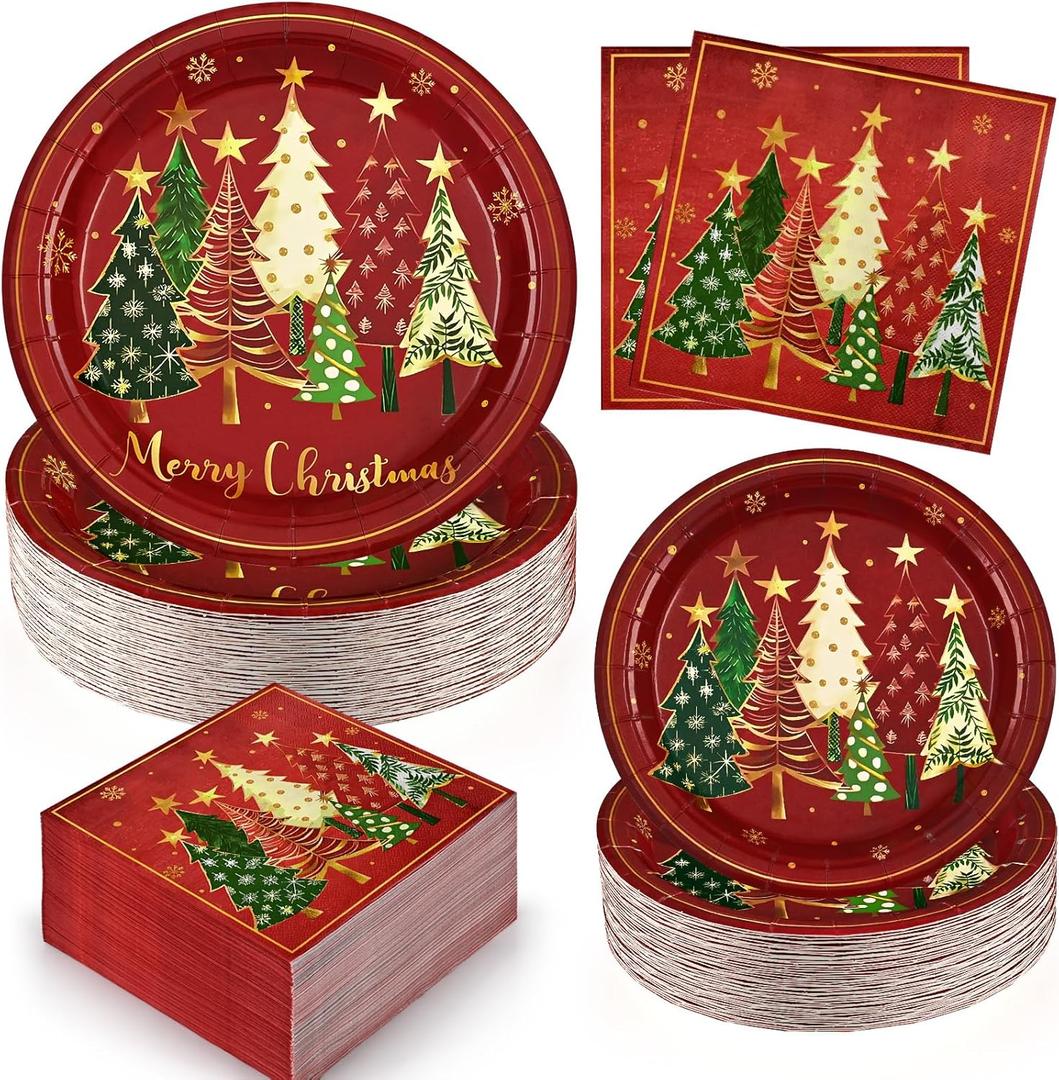 Homlouue 200 Pcs Christmas Paper Plates and Napkins, 9" Christmas Plates Disposable Heavy Duty, Xmas Tree Red Paper Plate Disposable Party Set, Holiday Plate and Napkins for Xmas Dinner Party