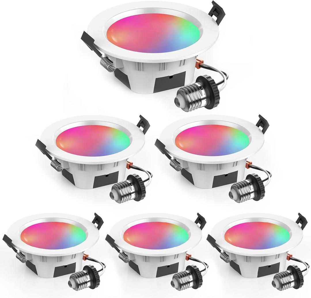 Smart Recessed Lighting 3 Inch, RGBCW, 2700K-6500K CCT Selectable, Dimmeble, Color Changing LED Downlight 6 Pack, App Control, CRI80+ RGB Can-Killer LED Downlight Light Fixtures