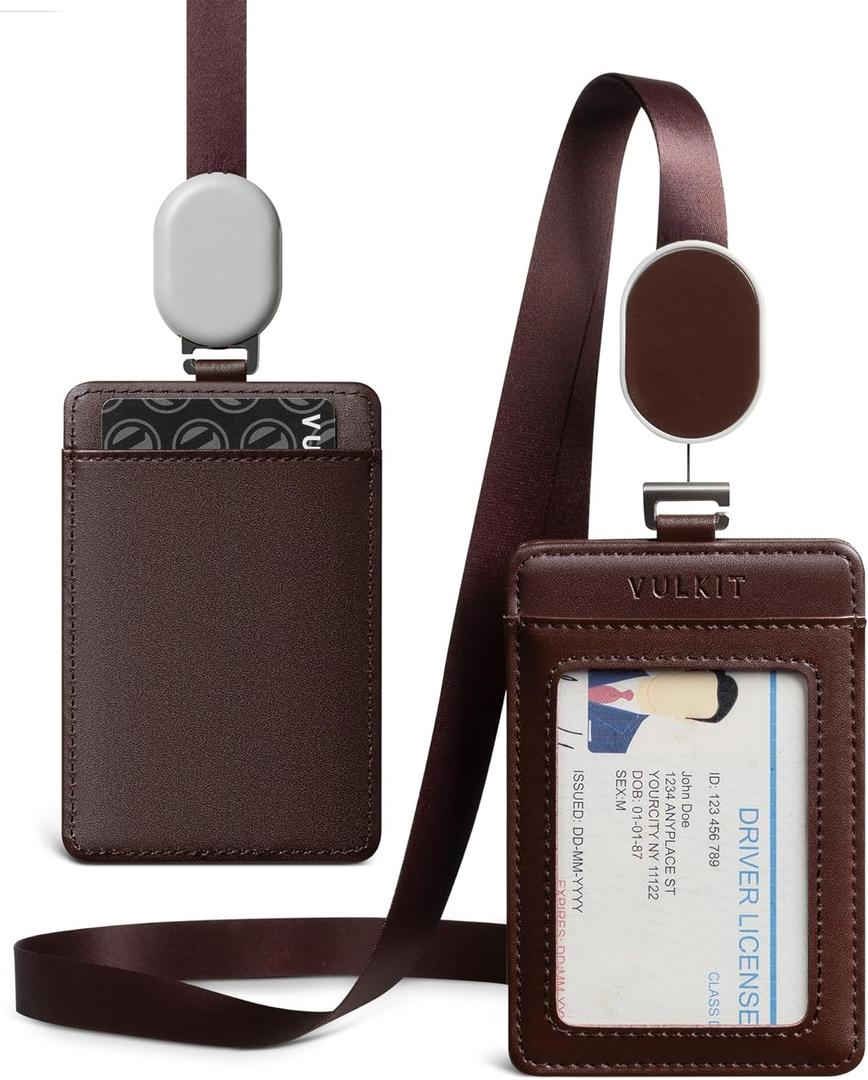 VULKIT Retractable Lanyard with Card Holder Vertical ID Badge Holder for Men or Women Bus Pass Holder ID Card Holders, Brown