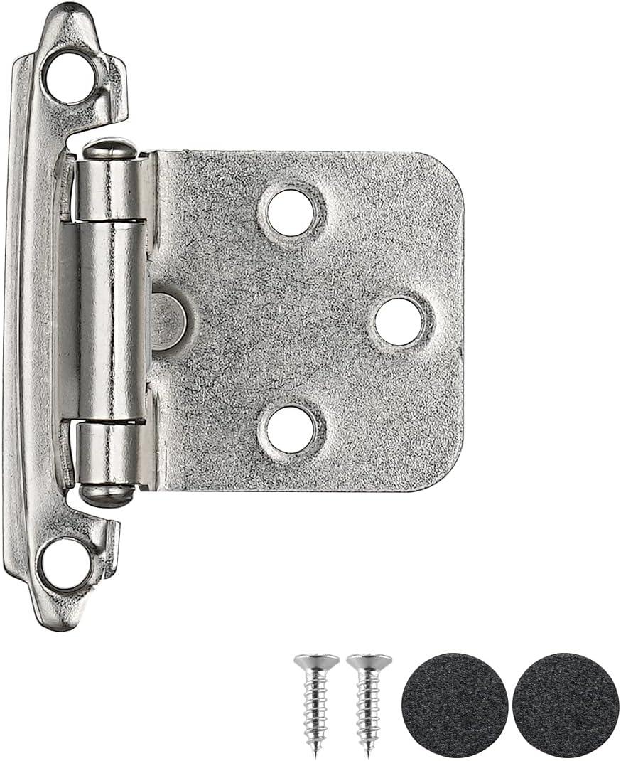 JQK 1/2 Inch Overlay Cabinet Door Hinges Satin Nickel, 10 Pack 5 Pairs Flush Face Mount Cupboard Self-Closing Kitchen Cabinet Hinges, CH200-SN-P10