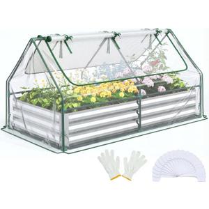Quictent Raised Garden Bed with Cover Outdoor Galvanized Metal Planter Box Kit, w/ 2 Large Screen Windows Mini Greenhouse 20pcs T Tags 1 Pair of Gloves Included for Growing Vegetables 6x3x1ft (Clear)