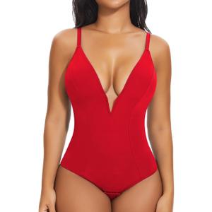 SHAPERIN Bodysuit for Women Shapewear Tummy Control Deep V Neck Plunge Sleeveless Backless Thong Body Suit Tank Top (Red, M)