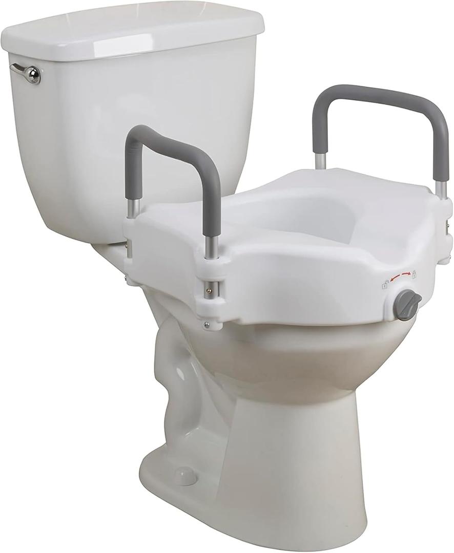 Drive Medical 2-in-1 Raised Toilet Seat with Removable Padded Arms - Elevated Bathroom Safety Support - Secure Locking Attachment - Easy Height Assistance - Durable Construction, Standard Toilets