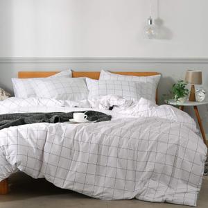 JELLYMONI 100% Natural Cotton 3pcs Plaid Duvet Cover Sets,White with Black Grid Geometric Pattern Printed Comforter Cover,with Zipper Closure & Corner Ties(Queen Size) (0603)