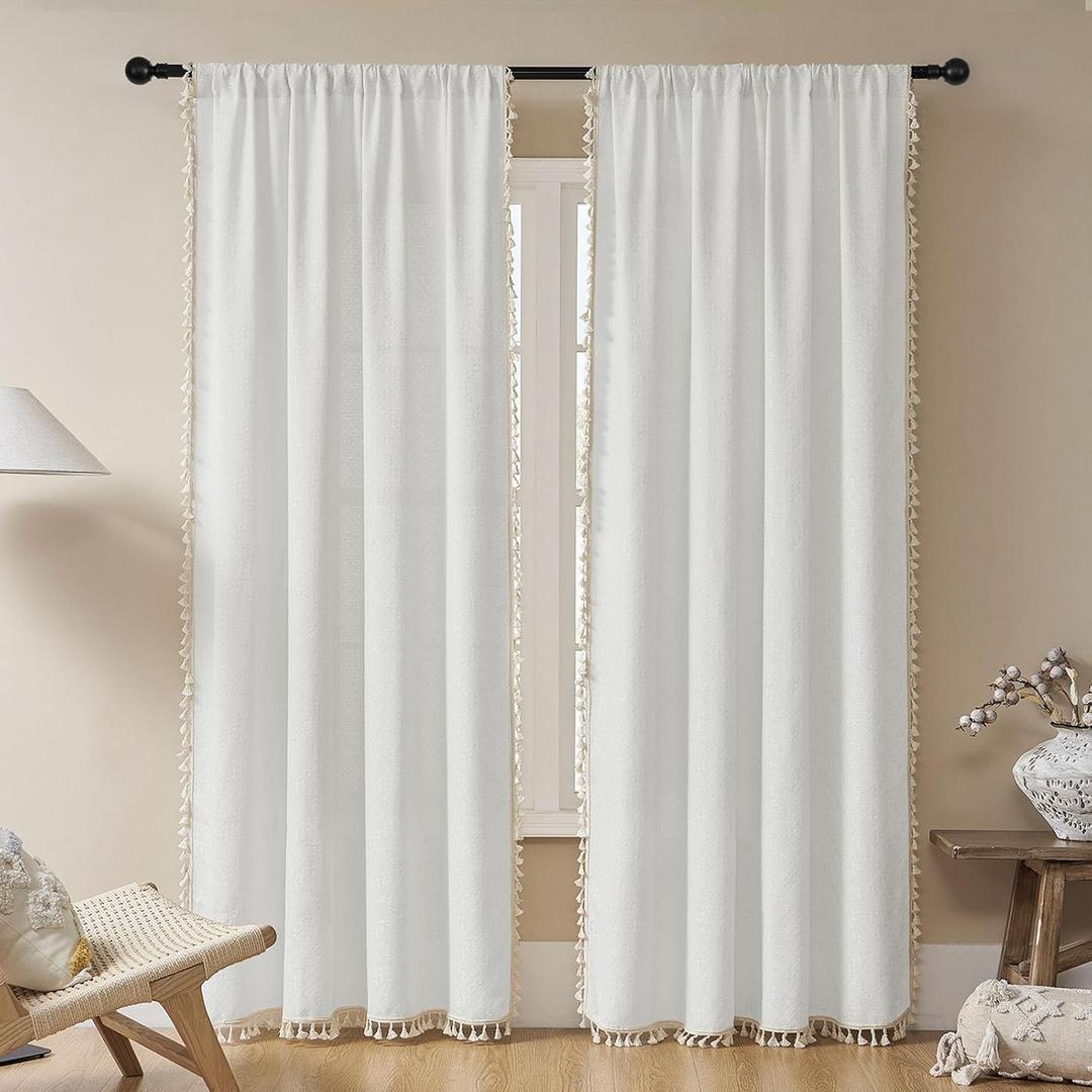Joydeco White Boho Curtains 84 Inch Length 2 Panels, Super Soft Bohemian Farmhouse Curtains with Tassels, Semi Sheer Light Filtering Drapes for Bedroom Living Room (Rod Pocket, 52Wx84L)