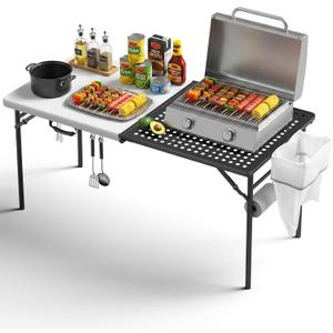 5FT Folding Table Portable Picnic Table with Metal Grid Grilling Surface, Foldable Camping Table Food Prep Station for BBQ, Patio & Beach