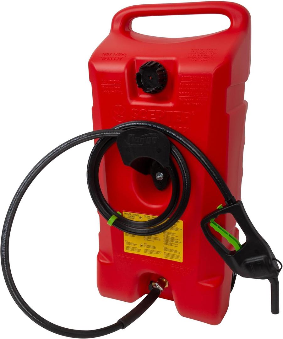 Scepter Duramax Flo N Go 14 Gallon Gas Caddy, 53 Liter Portable Fuel Tank and Fuel Transfer Pump with 10-Foot Hose for Lawn Mower, Farm, Marine, Commercial, and Home Use, Red