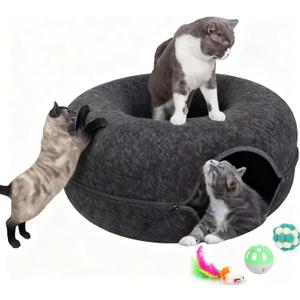 Cat Donut Tunnel Bed for Indoor Cats - Peekaboo Cat Cave, Detachable Felt, Washable, Interactive Play & Cozy Rest Space for Multiple Cats (Dark Gray)