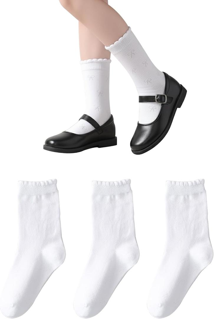 Marchare Girls Ruffle Socks White Dressy Socks School Uniform Sock Heart Bow Design For Girl (White)