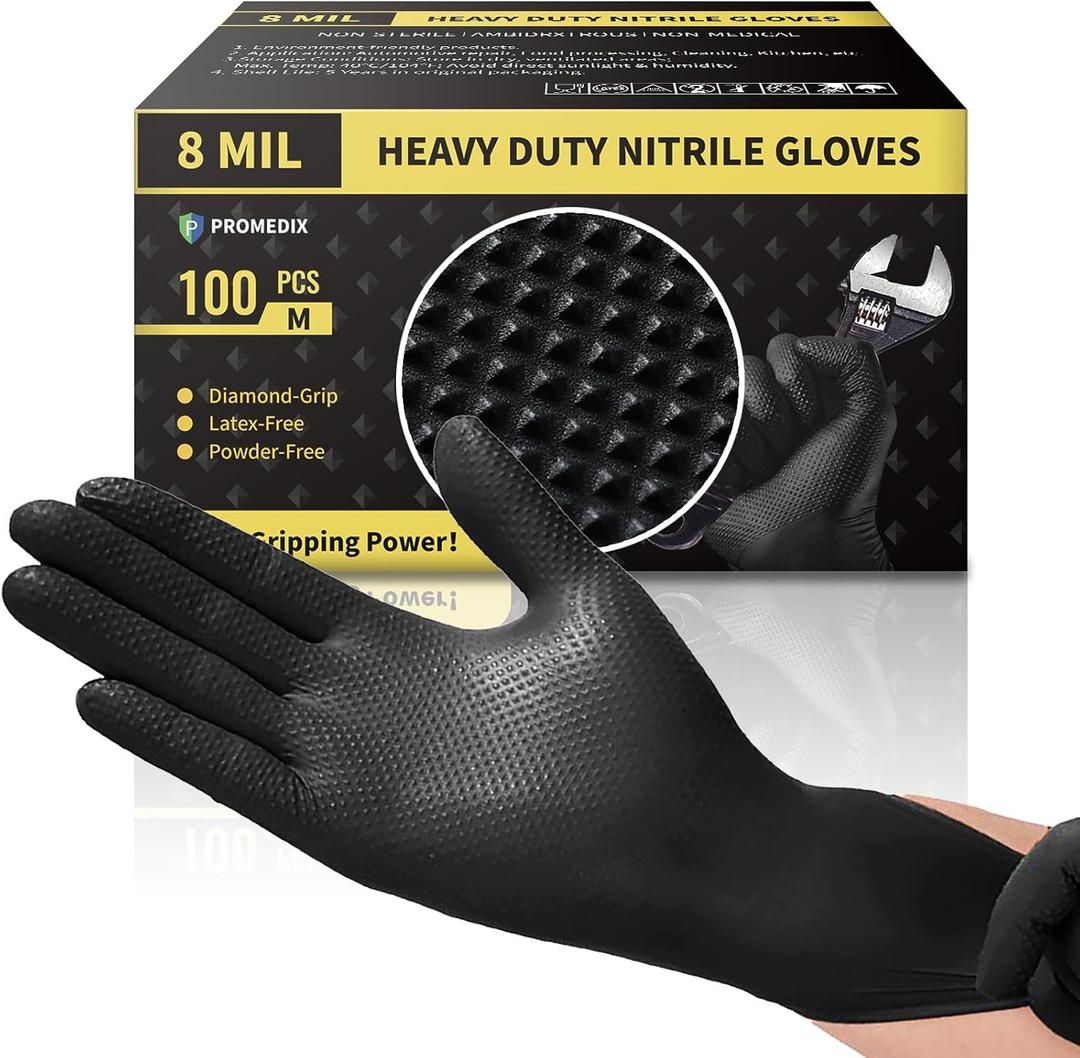 PROMEDIX P Heavy Duty Nitrile Gloves with Diamond Texture 8 Mil Non-Medical Disposable Glove Latex Free Powder Free Industrial -Black, Large