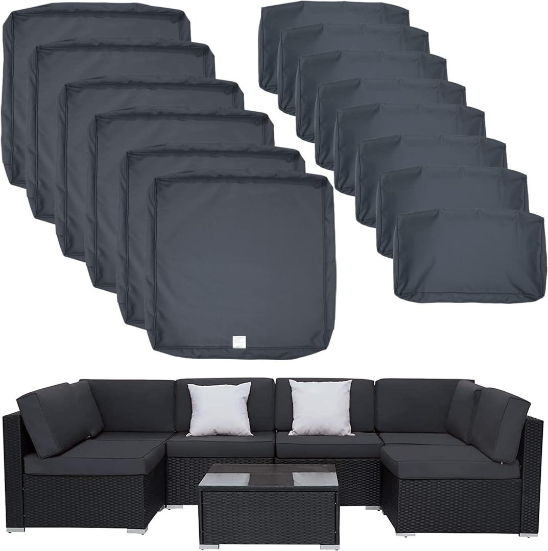 ClawsCover 14Pack Outdoor Patio Seat and Back Cushions Replacement Covers Fit for 7Pieces 6-Seater Wicker Rattan Sectional Couch Chair Furniture Set,Dark Grey-Include Cover Only (Large)