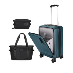20 inch Small Carry On Luggage Front Open with Laptop Pocket, ABS+PC Hard Shell Suitcase with Spinner Wheels TSA Lock & YKK Zipper, 20in/Toiletry Bag/Handbag, Teal Blue