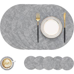 homing Round Faux Leather Placemat and Coaster 6 Packs, Washable Heat Resistant Dining Place Mats, Wipeable Double-Sided Table Mats for Indoor and Outdoor, Diameter 13 and 3.93 inch, Light Grey