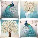 16x16 Peacock Pillow Case Set of 4, Blue Peacock Print Throw Pillow Covers, Decorative Velvet Square Cushion Covers with Zipper for Living Room Couch Sofa Decor