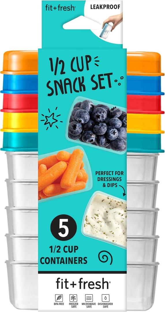 Fit + Fresh 1/2-Cup Snack Set, Condiment & Salad Dressing Containers, Reusable & Leakproof Lunch Containers, Perfect for Insulated Lunch Bag, Lunch Box & More, 5PK, Multicolor